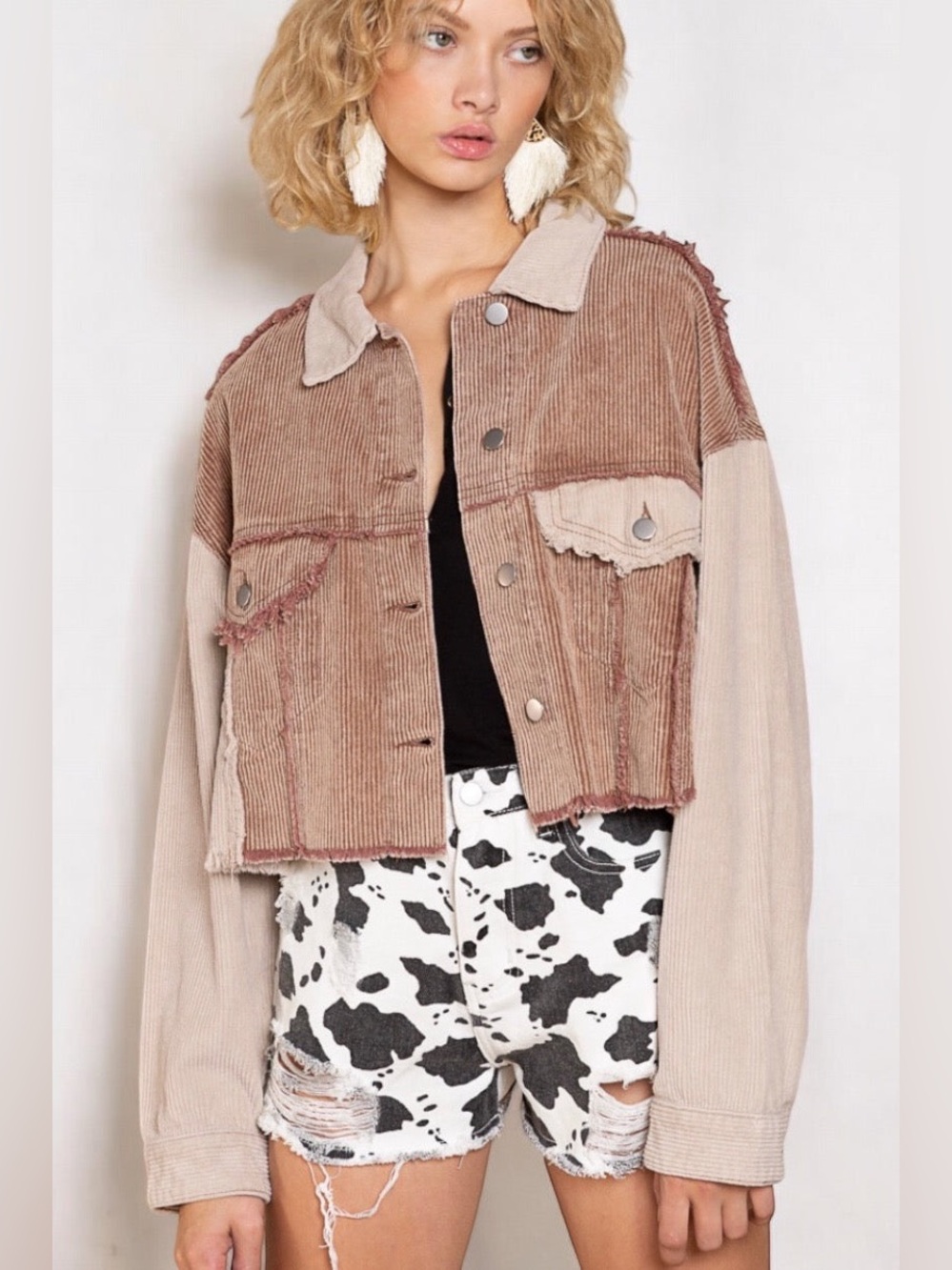 POL Two-Tone Beige & Brown Corduroy Patch Jacket